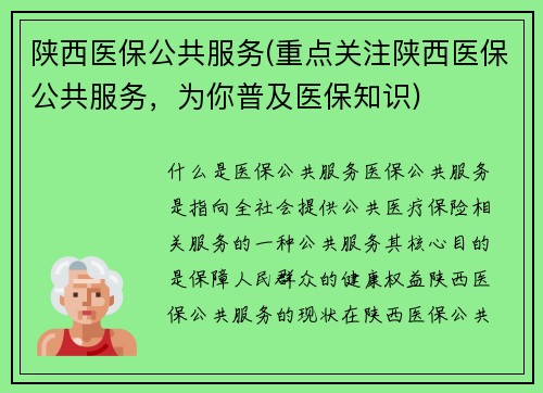 陕西医保公共服务(重点关注陕西医保公共服务，为你普及医保知识)